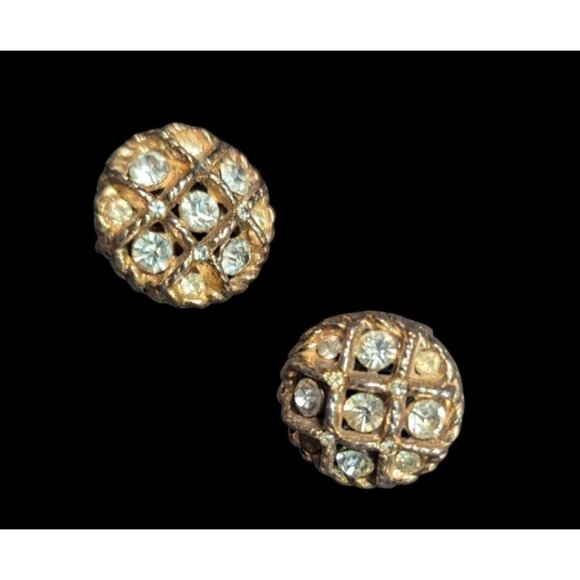 Jewelry - Gold-Tone Clip On Statement Earrings With Clear Rhinestones Round Vintage Style
